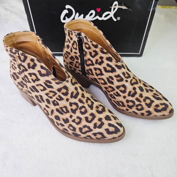 News Qupid Rager Leopard Suede Ankle Booties Size 6 Pointed Toe Block Heel - Picture 1 of 9